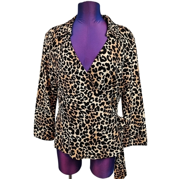 Talbots Leopard Print Wrap Blouse Size Large Women's - Picture 1 of 10